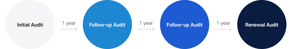 Flowchart of information security and personal information protection management system certification audit types. Following the initial audit, the cycle proceeds on a three-year basis: a surveillance audit one year later, another surveillance audit one year after that, and a renewal audit one year after that.